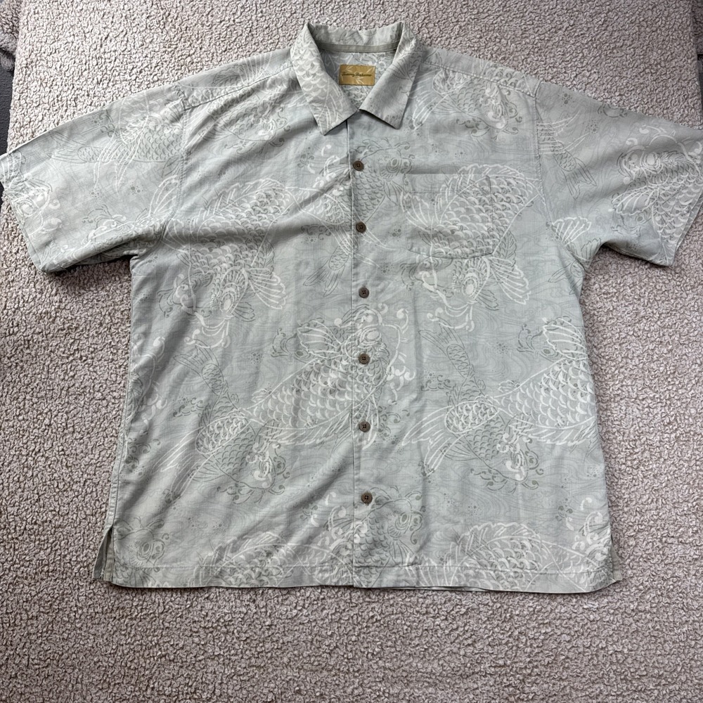 TOMMY‎ BAHAMA 100% SILK CAMP SHIRT XL LIGHT GREEN FISH PRINT BAMBOO VACATION